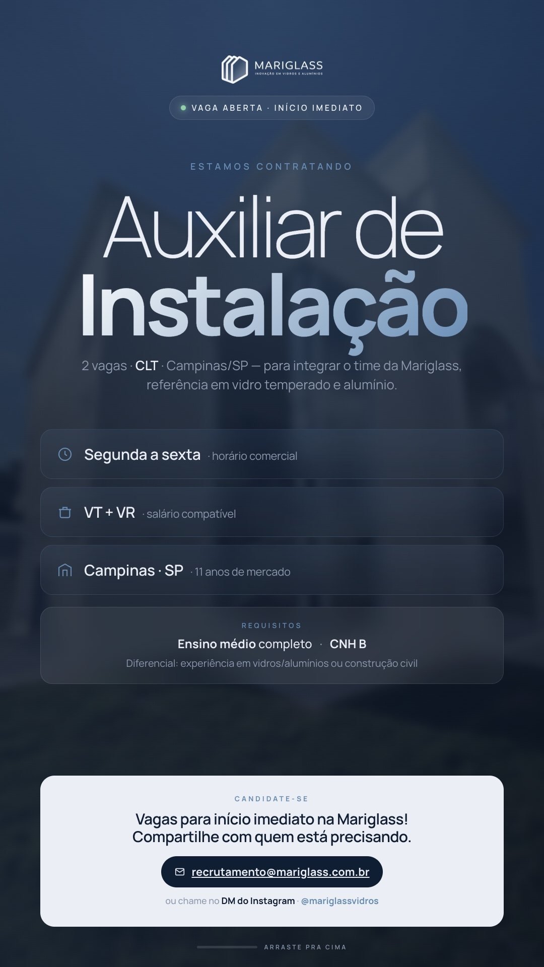 Cartaz da vaga de Auxiliar de Instalação na Mariglass